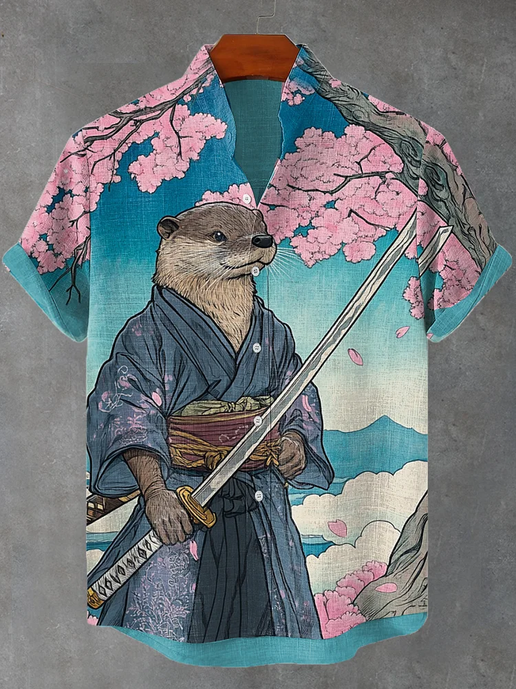 Men's Otter Swordsman In Kimono Standing Under A Cherry Blossom Tree Print Short Sleeve Shirt