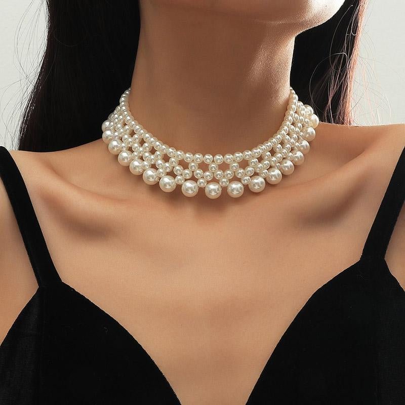 Beaded White Simulated Pearl Chokers Necklaces For Women