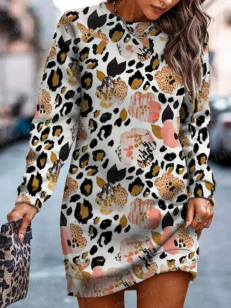 Women's Leopard Print Floral Long Crew Neck Sweatshirt socialshop