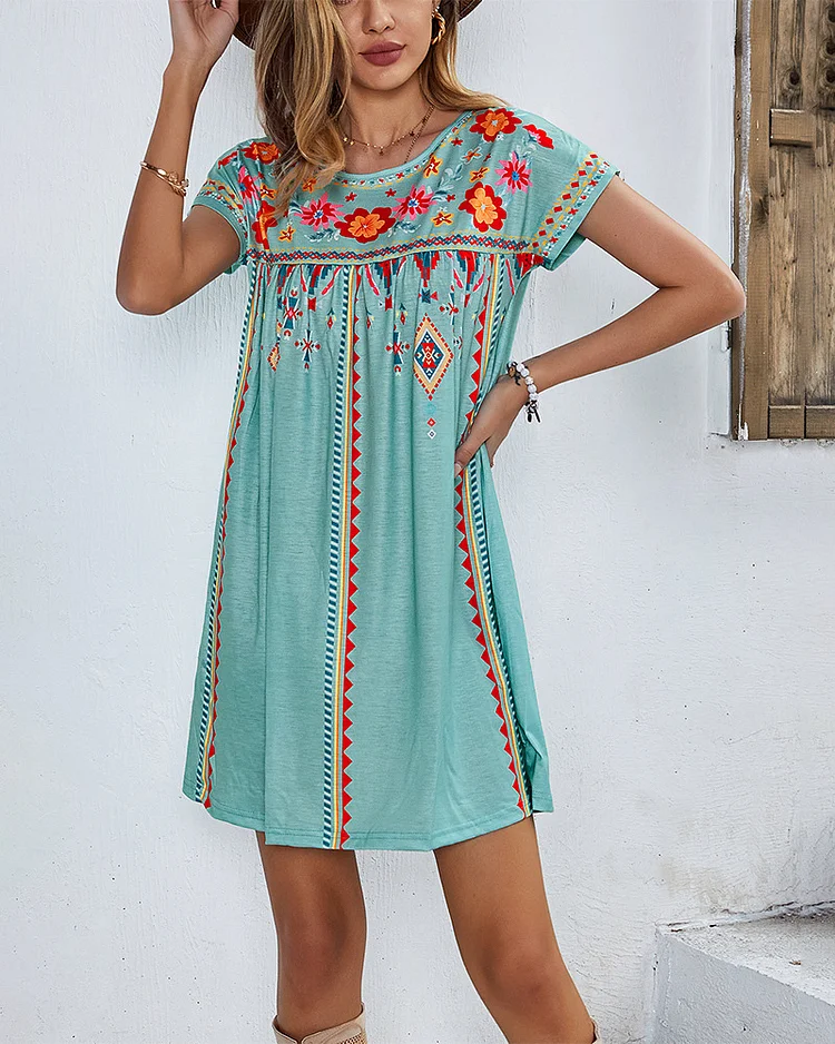 2023 West Tribal Style Floral Print Casual Mini Dress