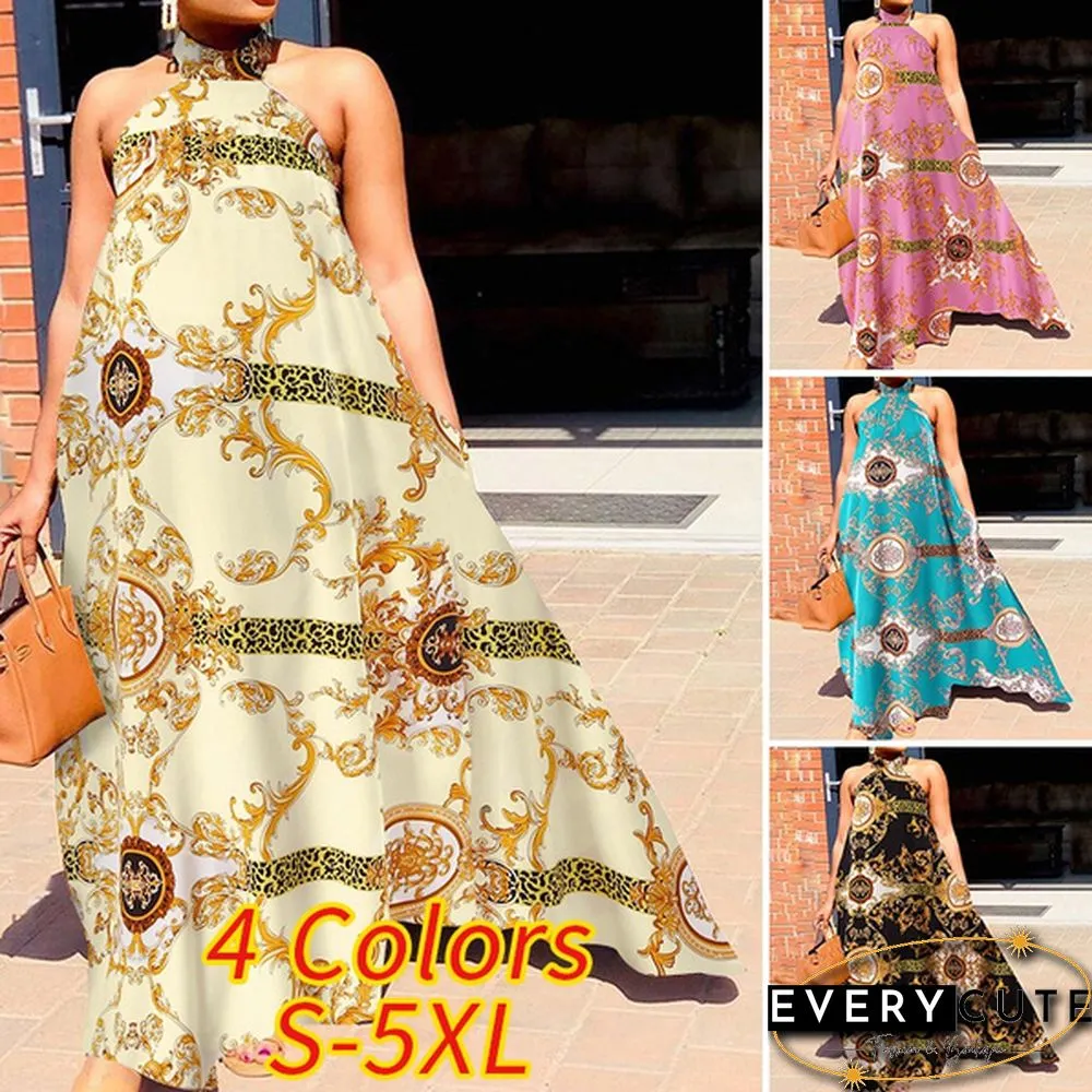 Women Fashion Pleated Printed Long Maxi Vestido S-5XL Sleeveless Round Neck Baggy Dresses