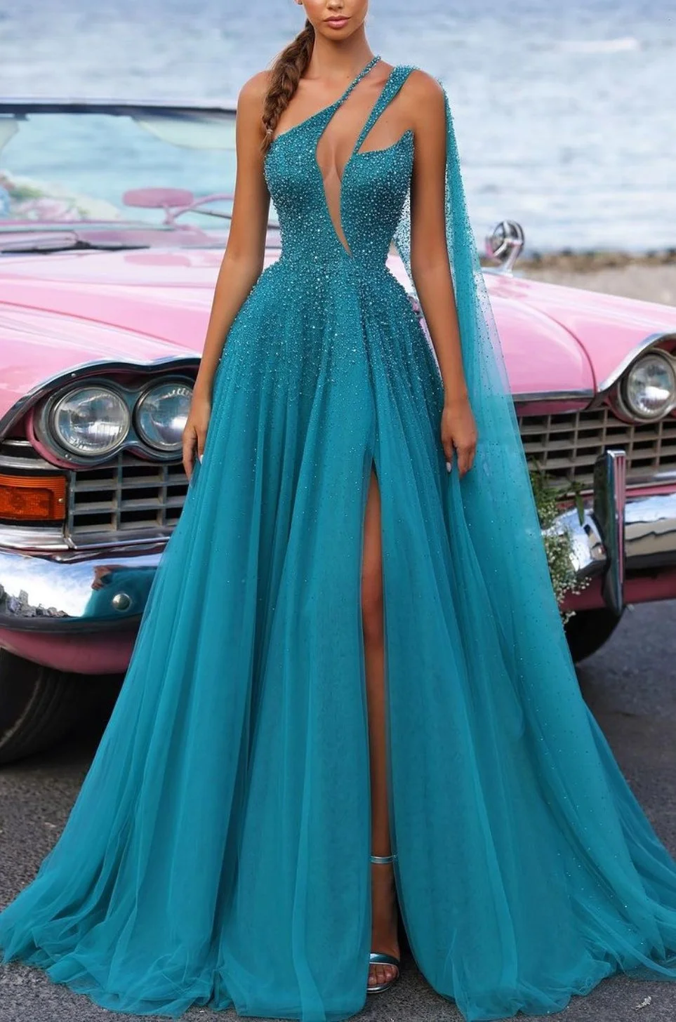 Heavy Tulle Prom Dress Green Sequins With Trail High Slit YL0299