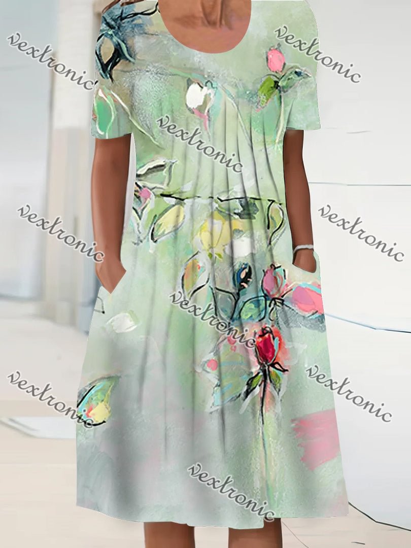 Women's Short Sleeve Scoop Neck Floral Printed Graphic Midi Dress
