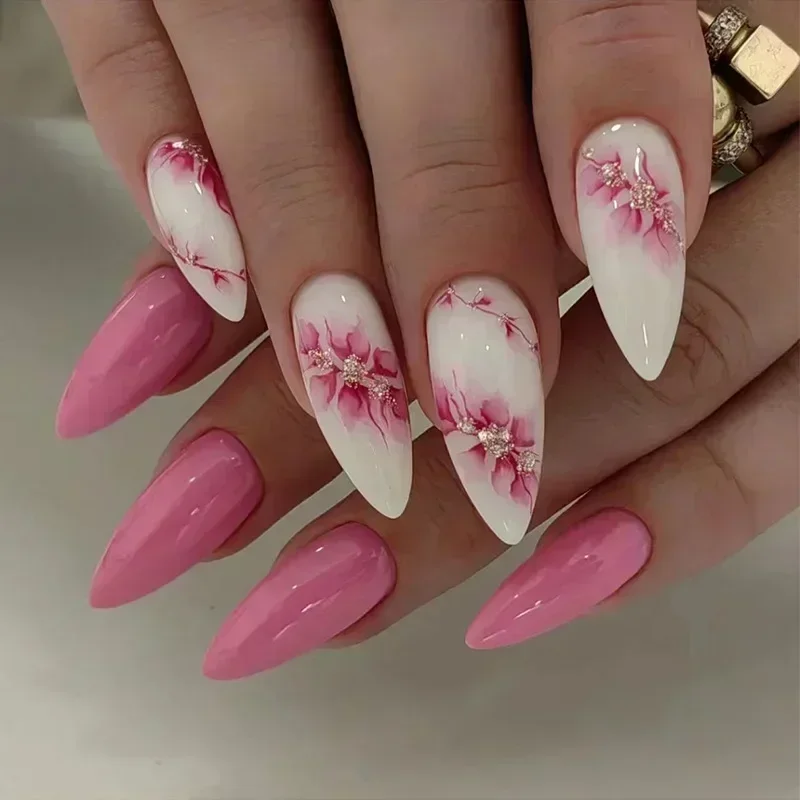 Lidudu French Press on Fake Nails with Flowers Designs Summer Blue Short Almond False Nails Wearable French Full Cover Press on Nails