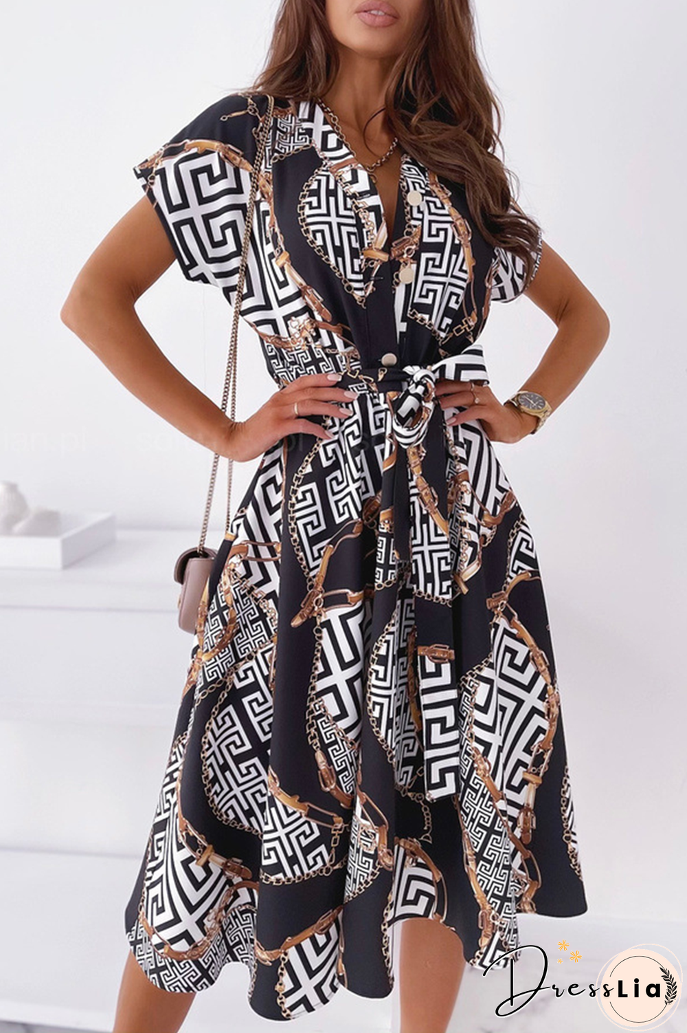 Elegant Print Buckle With Belt V Neck A Line Dresses(5 Colors)