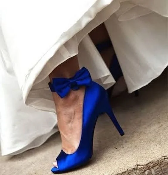 Royal Blue Rhinestone Bow Satin Ankle Strap Pumps Comfortable Mid Heel Wedding Shoes | Size 10