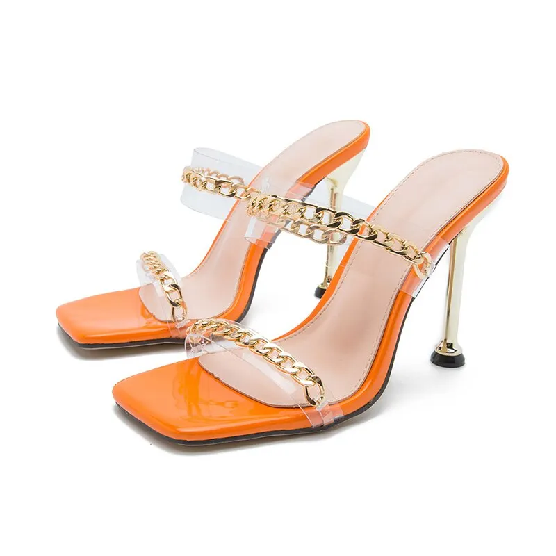 Women Slippers Sandals Chain Ladies High Heels Square Toe PU Shoes Summer Pumps Woman Plus Size Footwear Fashion New Shoe