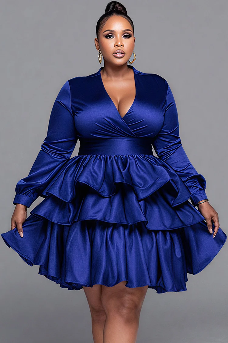Xpluswear Design Plus Size Cocktail Party Royal Blue Wrap Neck Long Sleeve Ruffle Elegant Tiered Satin Mini Dresses [Pre-Order]