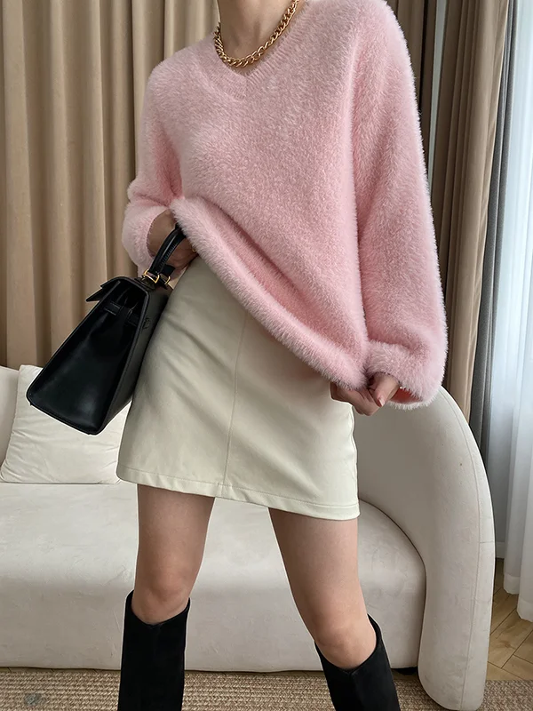Casual Long Sleeves Roomy Pure Color V-Neck Sweater Tops