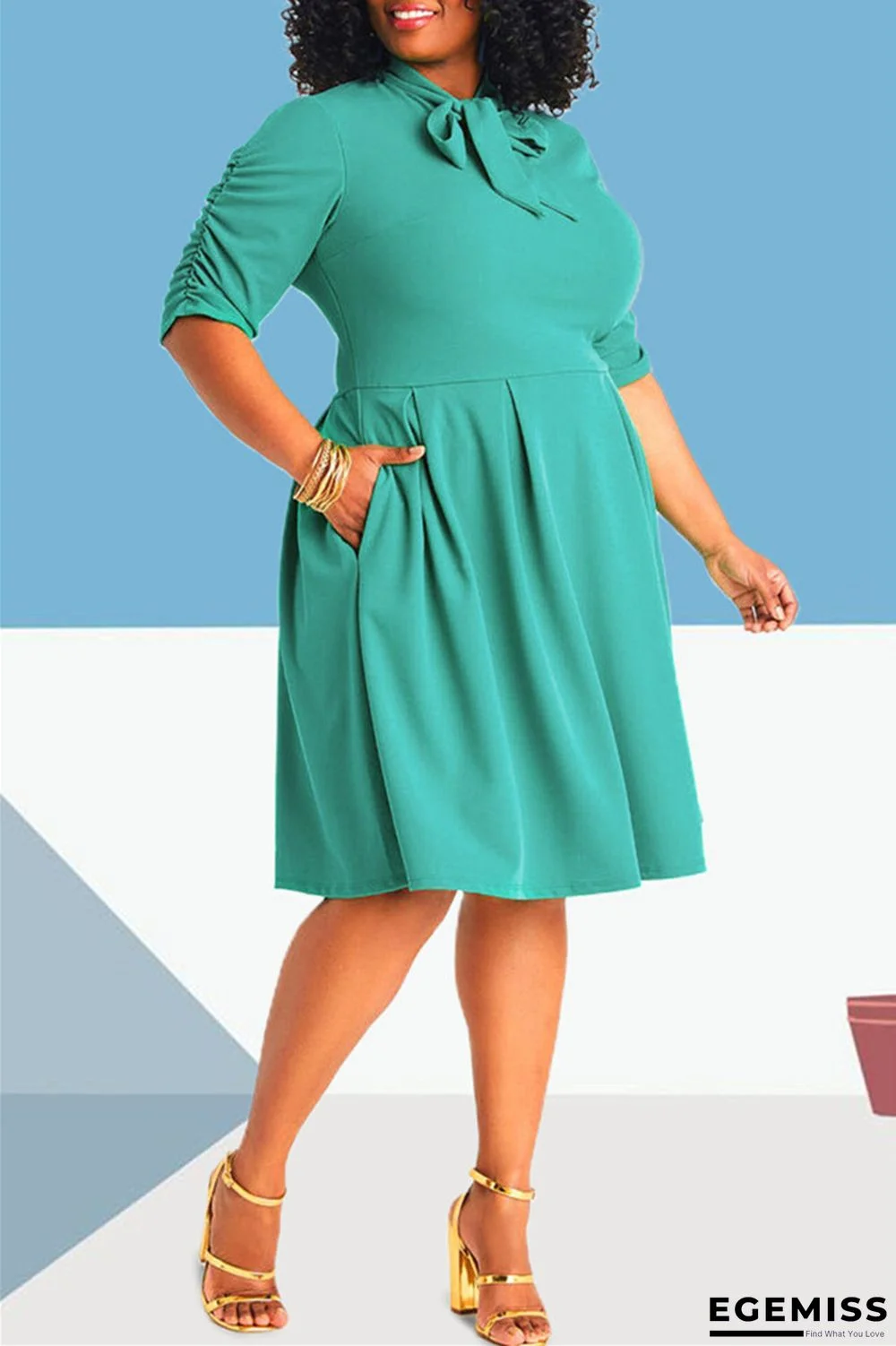 Light Green Fashion Casual Solid With Bow O Neck Plus Size Dresses | EGEMISS