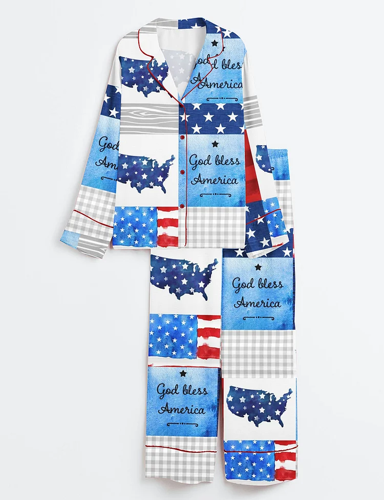 Women&rsquo;s Fourth Of July Red White Blue USA Flag America God Bless America Land that I Love Long Sleeve Satin Pajama Set