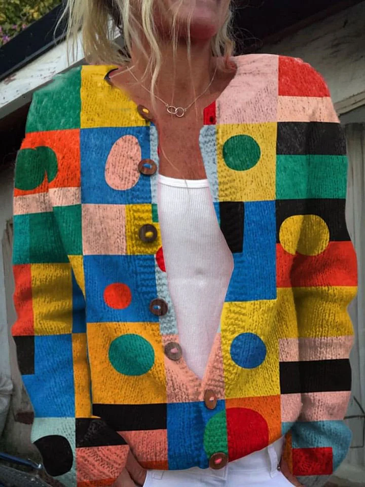 Irregular Block Circular Geometry Print Buttoned Cardigan Sweater