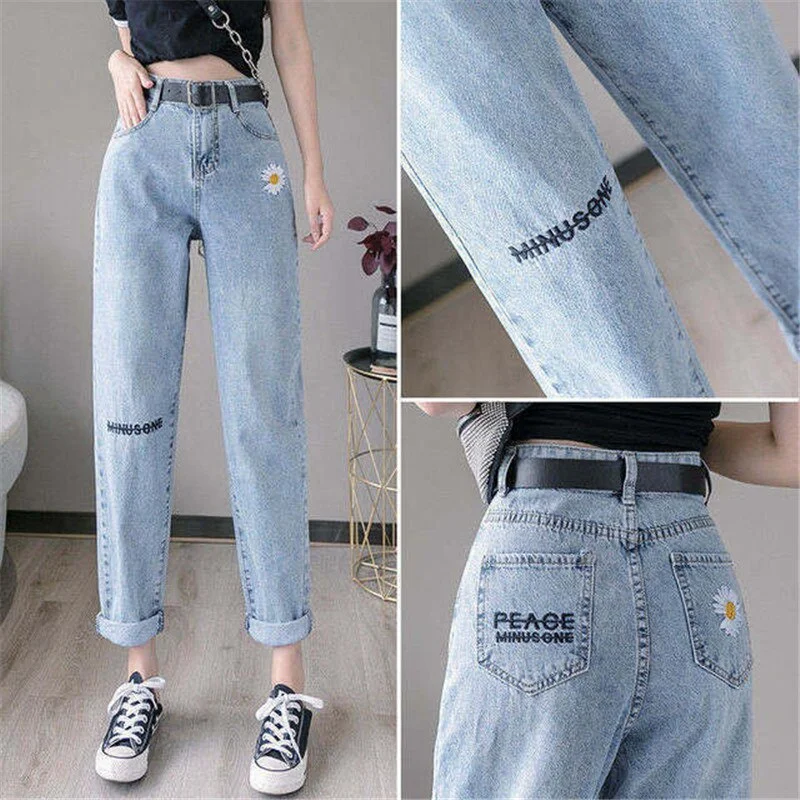 Embroidered daisy High Waist Jeans Woman Boyfriends Women's Jeans Mom Jeans Cowboy Denim Pants Vaqueros Mujer 2021 Harem Pants