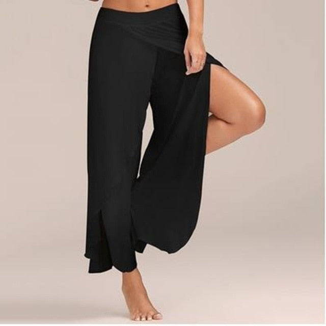 Puimentiua Women Summer Chiffon Irregular Side Pants Women Causal Wide Leg Split Trousers Female Solid Elastic Wasit Loose Pants Lanfubeisi