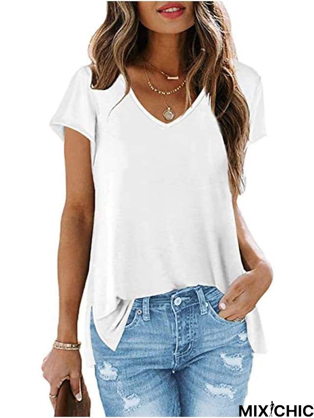 V Neck T Shirts for Women Loose Fit Soft Tops Basic Side Split Casual Summer Tees Green L