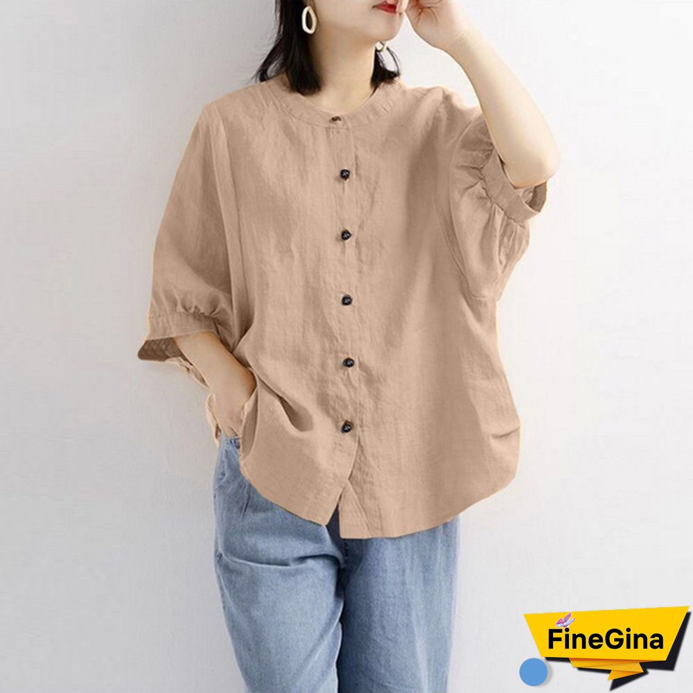 ZANZEA Cotton Tops Spring Autumn Shirt 3/4 Sleeve Single Breasted Button Shirt Blouse Vintage Clothes