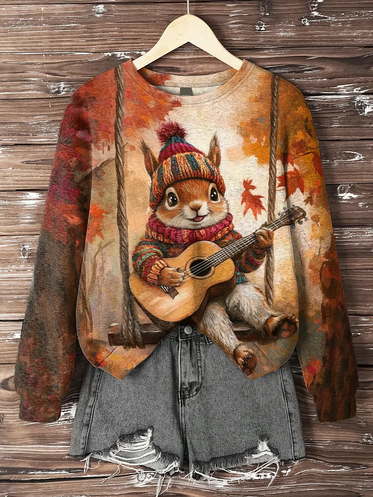 Women's Squirrel Enjoying Music Fallen Leaves Print Cozy Sweatshirt