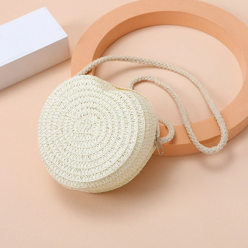 Kid’S Straw Heart Shape Cute Heart-shaped Zipper Shoulder Bag