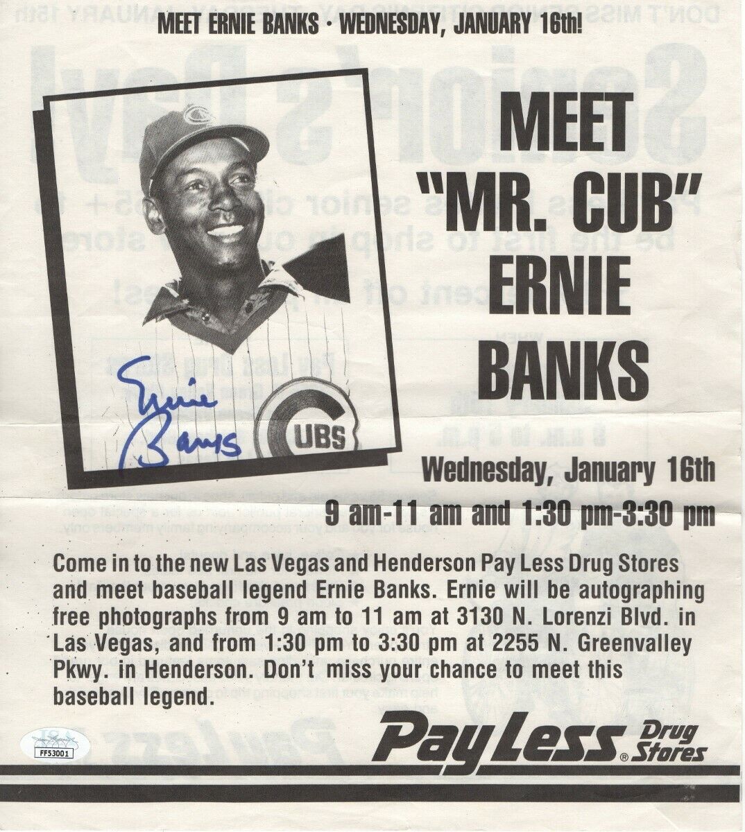 Ernie Banks Signed Autographed Newspaper Photo Poster painting Chicago Cubs JSA FF53001