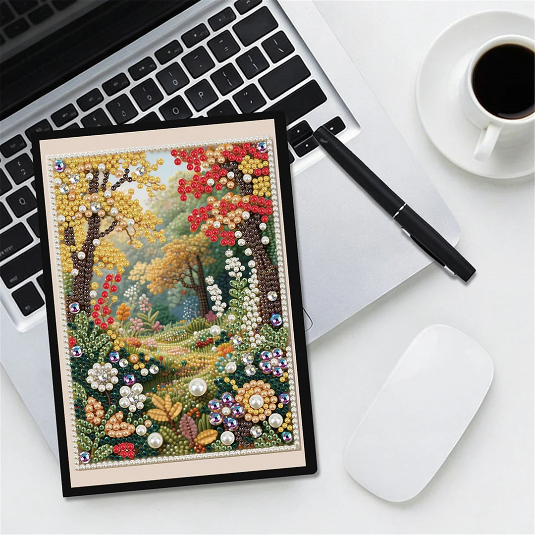 Autumn Forest Partial Pearl DIY 50 Pages A5 Diamond Painting Notebook Special Shaped Diamond Art Diary Book Kits Wireless Strip 5D Crystal Art Paintings Sketchbook for Art Drawing