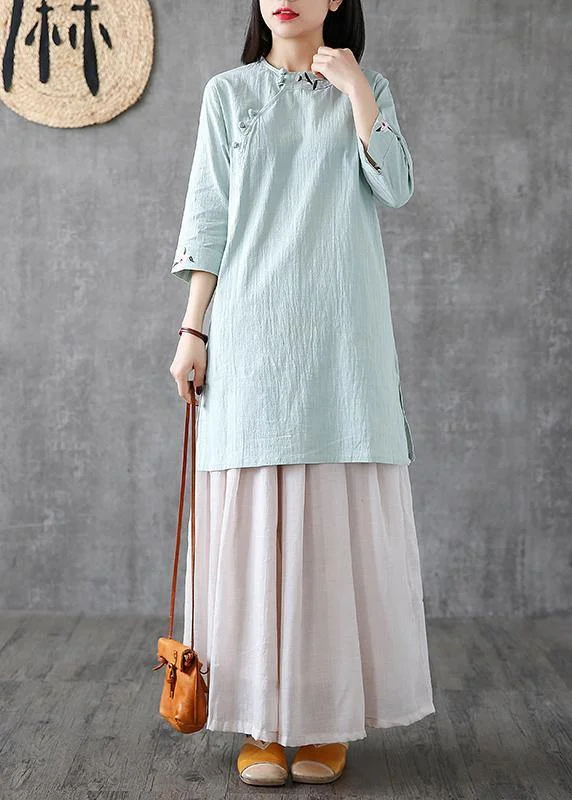 Handmade o neck embroidery linen clothes For Women Catwalk light green Dresses