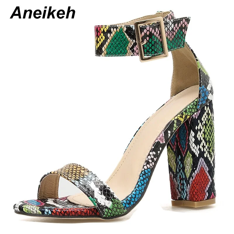 Aneikeh 2021 Leopard Print Women Sandals High Heels Summer Ankle Strap Square Heel Fashion Sandals Pumps Dropshipping Size 35-40