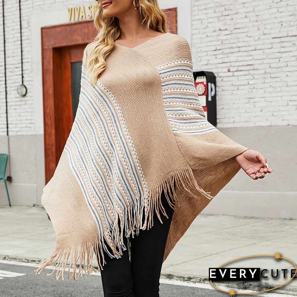 New V Neck Women Autumn Winter Sweater Colored Pullover Stripe Femme Oversize Shawls Wraps Tassel Aesthetic Knit Cape