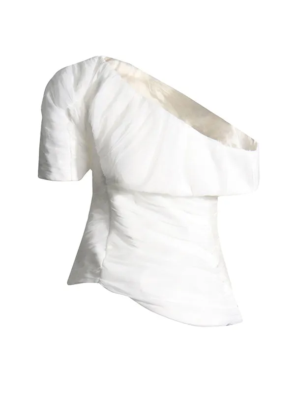 Loose Pleated Solid Color Asymmetric One-Shoulder T-Shirt Top High Waisted Zipper Pants