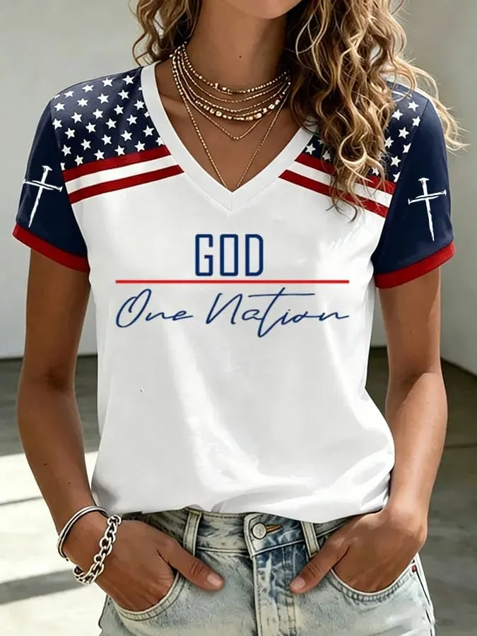 Women's One Nation Under God Print V Neck T-shirt 