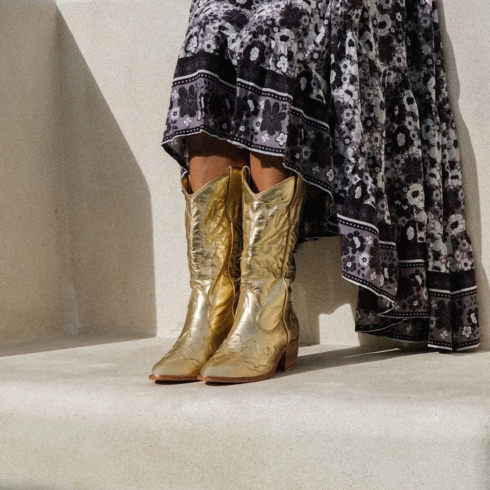 Gold Stacked Heel Closed Toe Stitching Western Boots for Women