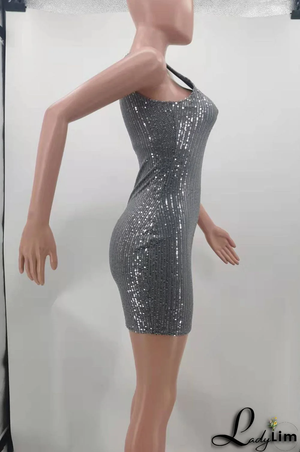 Blue Fashion Sexy Solid Sequins Patchwork O Neck Vest Dress