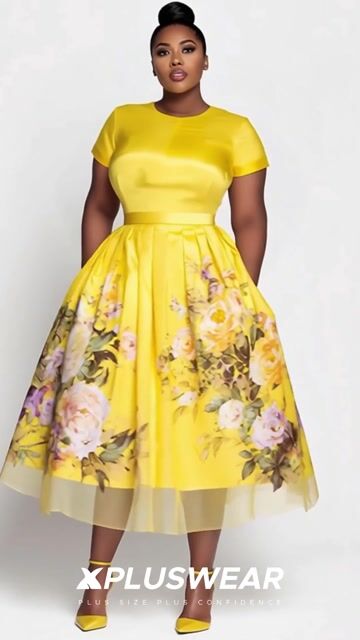 Xpluswear Design Plus Size Wedding Guest Yellow Floral Round Neck Short Sleeve Contrast Pleated Satin Midi Dresses 2024 - Xpluswear