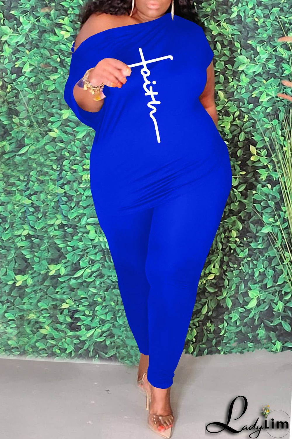 Red Fashion Casual Print Basic Oblique Collar Plus Size Two Pieces