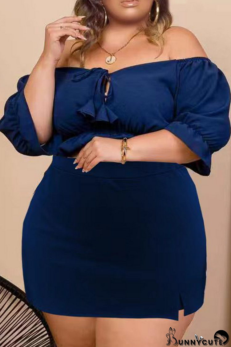 Blue Sexy Solid Draw String Off the Shoulder Plus Size Two Pieces