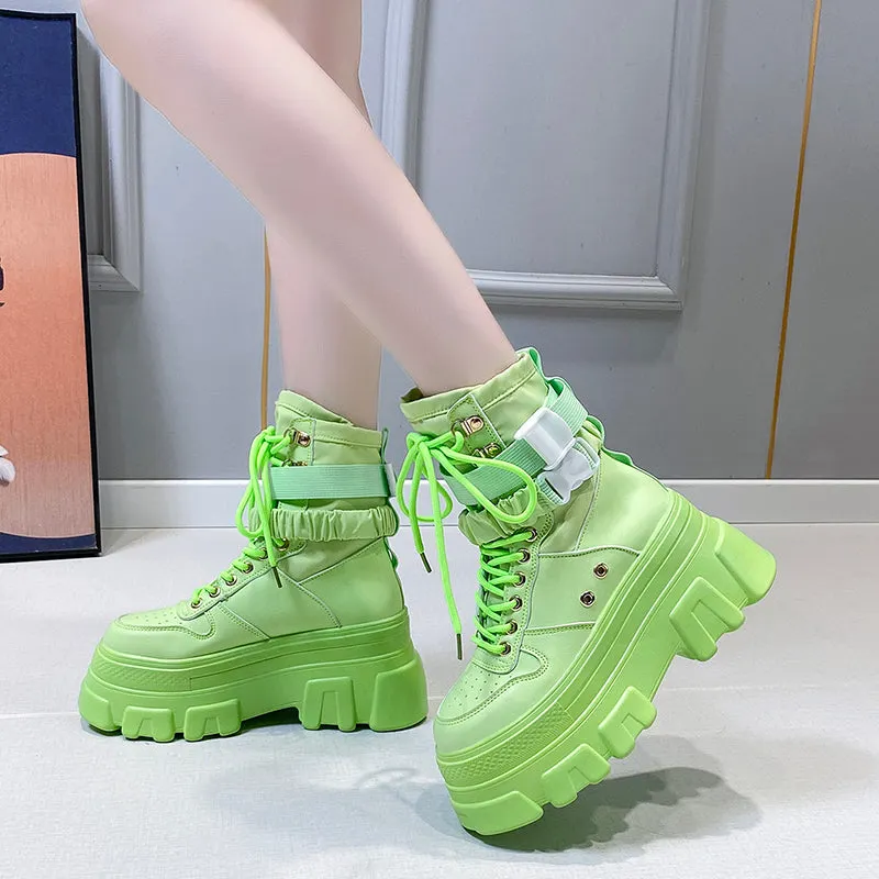 Green Punk Chunky Platform Motorcycle Boots Women Autumn Winter Gothic Shoes Woman Thick Bottom Lace Up Ankle Botas Mujer