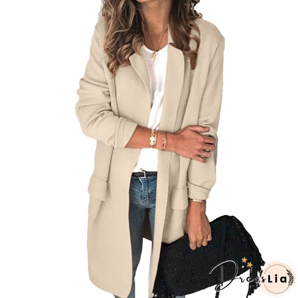 Women Eleagnt Office Lady Blazer Casual Fake Pocket Long Sleeve Long Coat Turn-down Collar Suit Vintage Fashion Winter Jacket