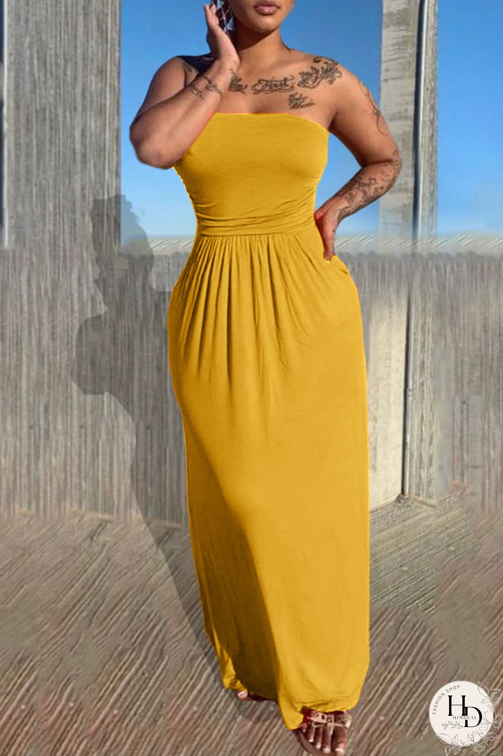 Orange Sexy Casual Solid Backless Strapless Sleeveless Dress