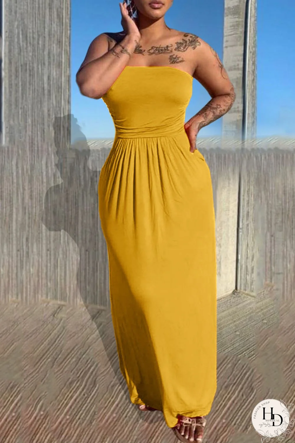 Orange Sexy Casual Solid Backless Strapless Sleeveless Dress