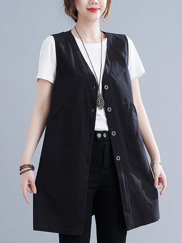 Button V Neck Sleeveless Side Pocket Solid Color Vest