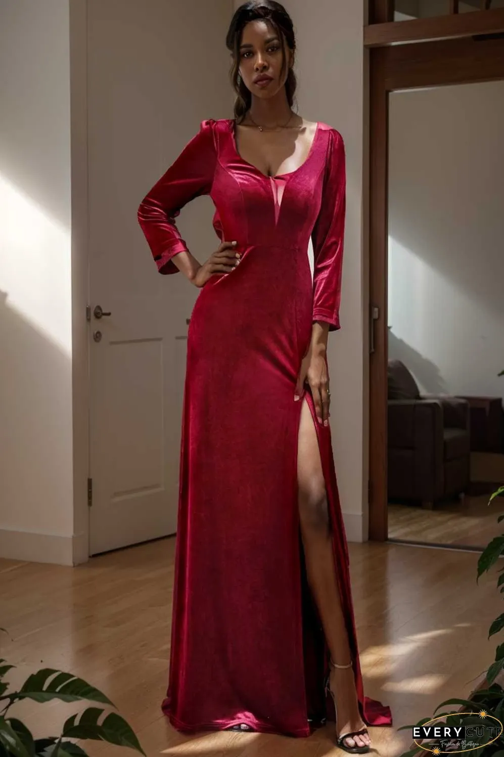 velvet 3 4 length sleeve illusion v neck front slit evening dress
