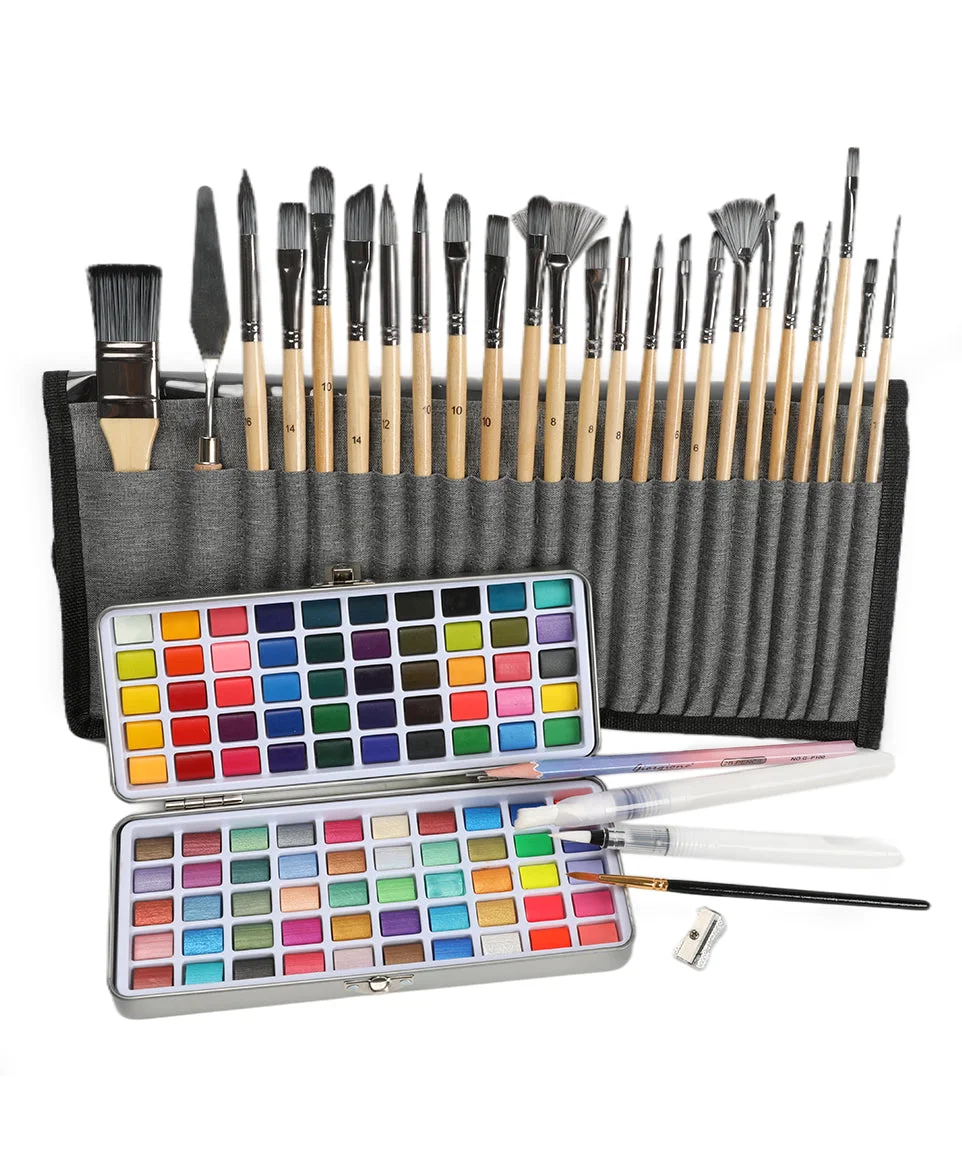 100 Colors Solid Watercolor Paint Set With 24 Pcs Professional Paint Brush Set-Himinee.com