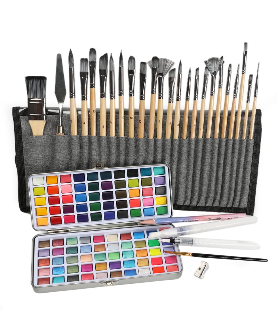 100 Colors Solid Watercolor Paint Set With 24 Pcs Professional Paint Brush Set