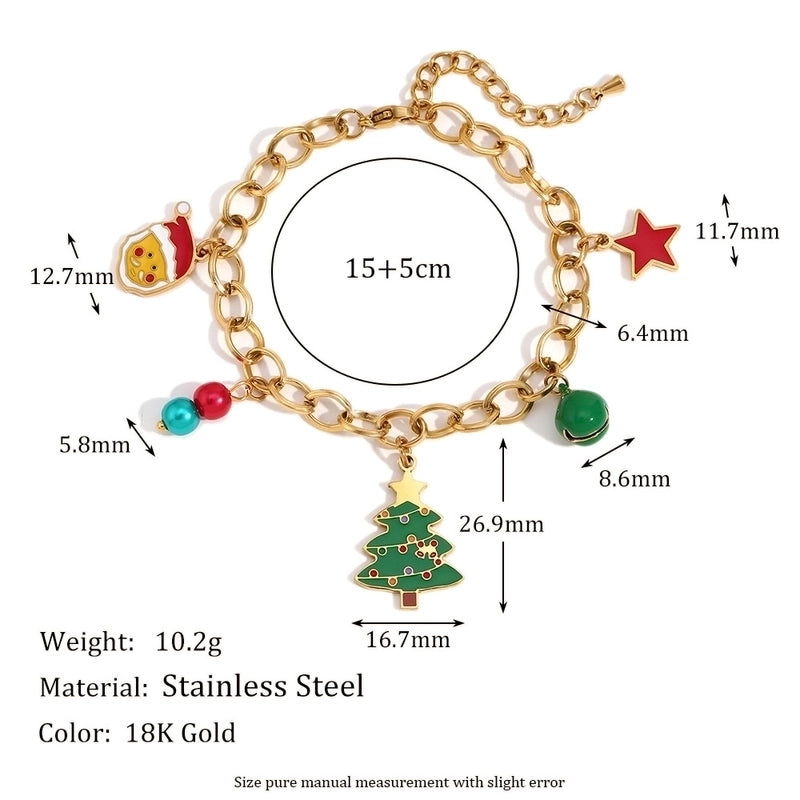 Cute Christmas Tree Santa Claus Bell 304 Stainless Steel 18K Gold Plated Cable Chain Bracelets In Bulk Christmas