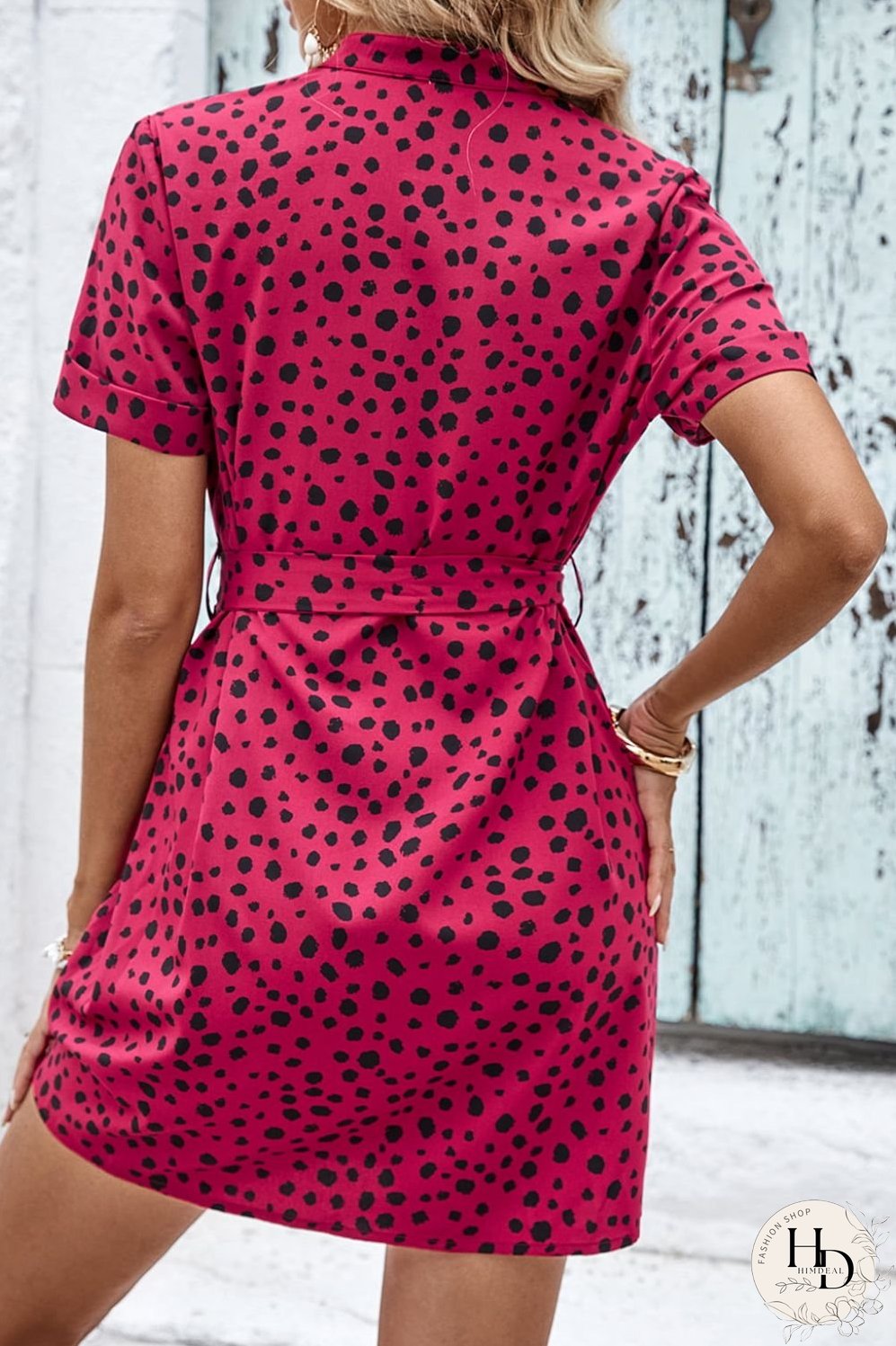Dotted Short Sleeve Tie Belt Dress