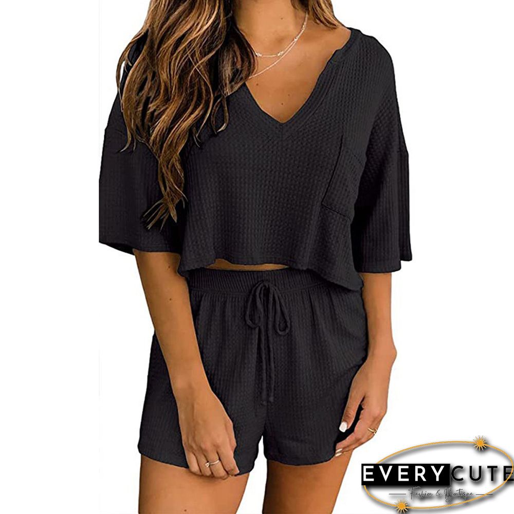 Black Waffle V Neck Pocket Top and Shorts Set