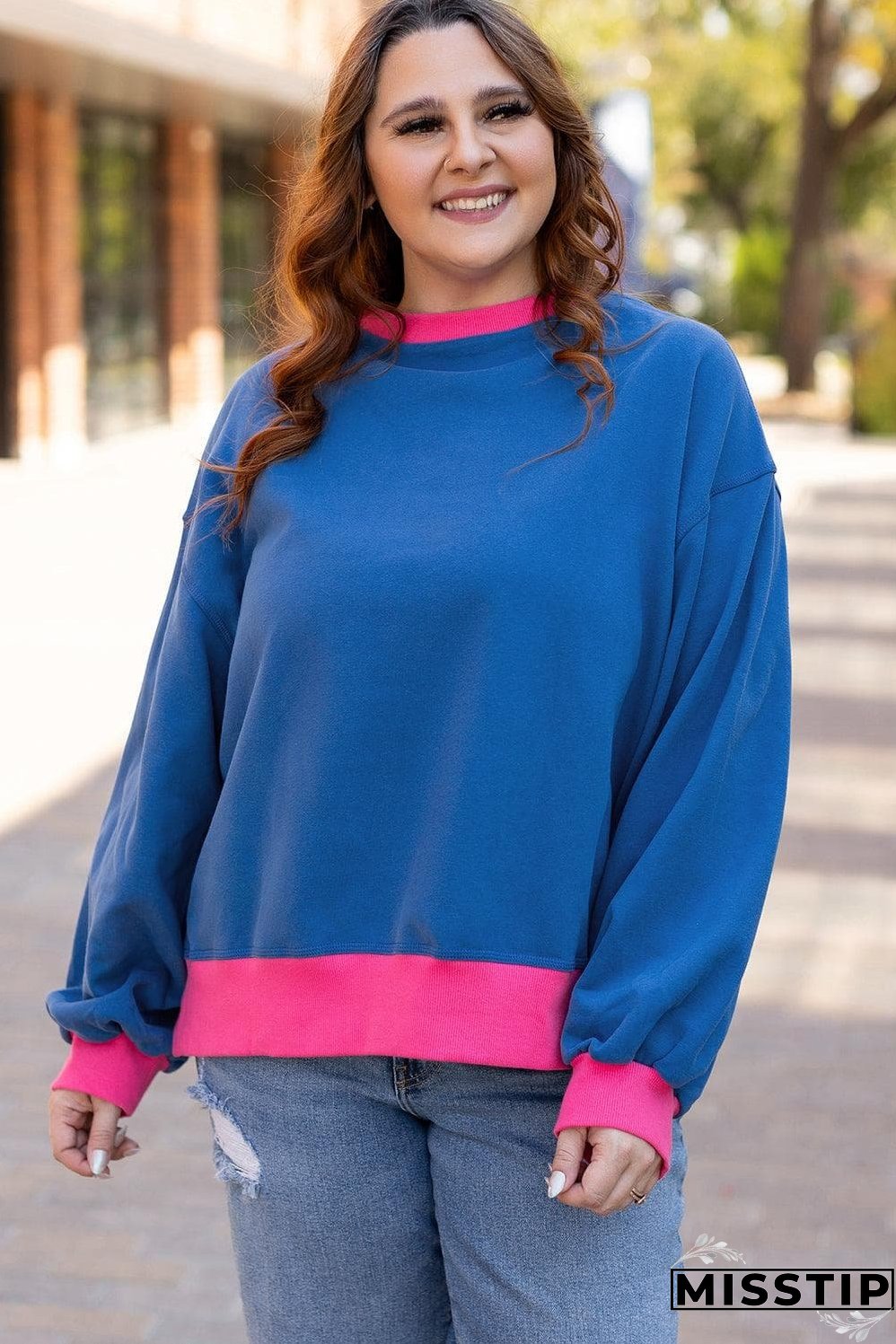 Sky Blue Color Block Edge Balloon Sleeve Plus Size Sweatshirt