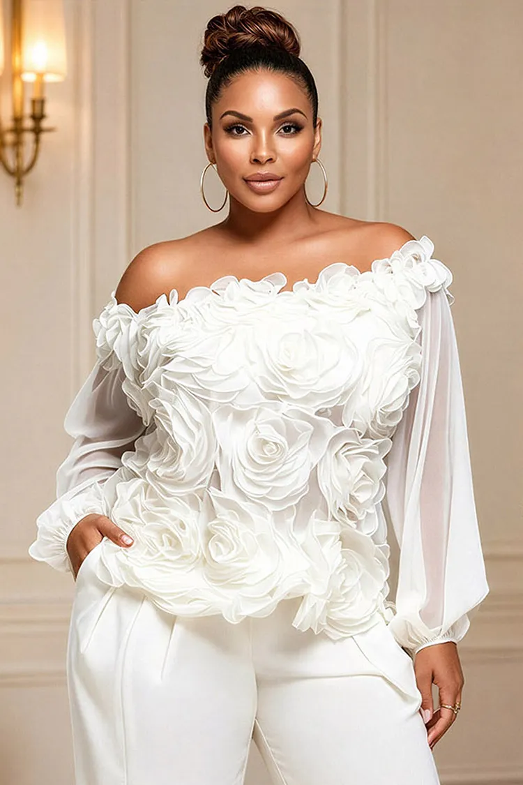 Xpluswear Design Plus Size Business Casual White Off The Shoulder Lantern Sleeve Long Sleeve 3D See Through Chiffon Blouses [Pre-Order] 2024 - Xpluswear