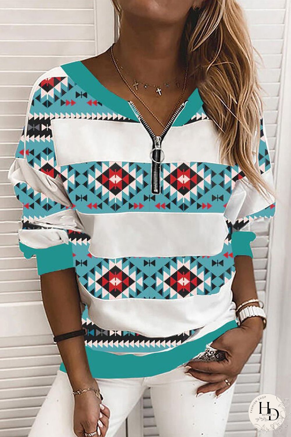Striped Splicing Geometry Print Long Sleeve Sweatshirt