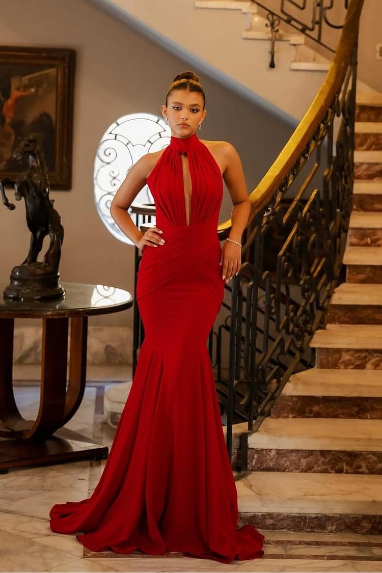 Halter Sleeveless Long Mermaid Prom Dress With Ruffles Pleated XJ0542
