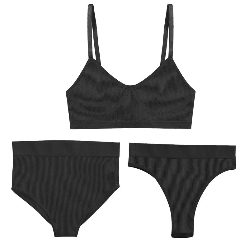 FINETOO 1 Top+3 Panties Set Women Seamless Bra G-String Thongs Soft Tops High Waist Shaper Underwear Female Lingerie Active Bra